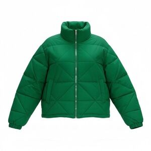 Gina Tricot Green Cropped Puffer Jacket XS Quilted Collar Zip Front Draw Cord